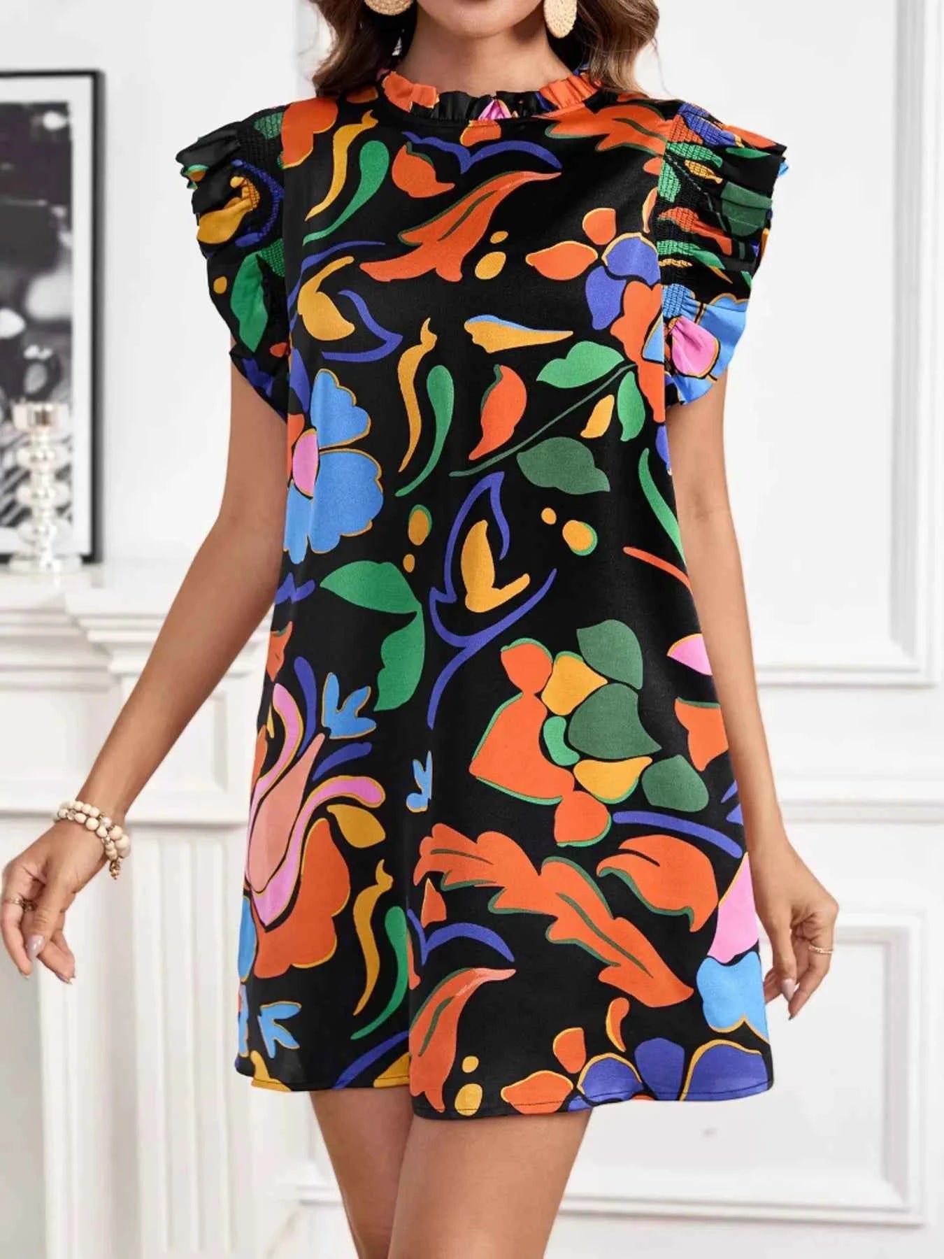 Printed Ruffle Sleeve Mini Dress