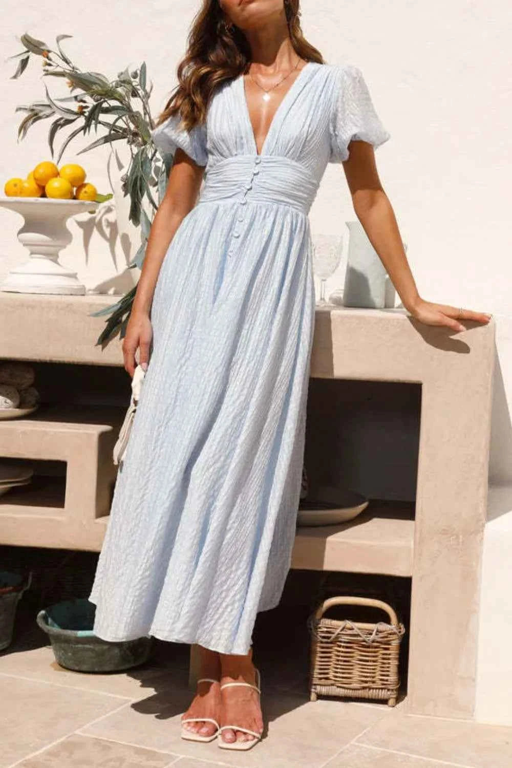 V-Neck Puff Short Sleeve Midi Dress