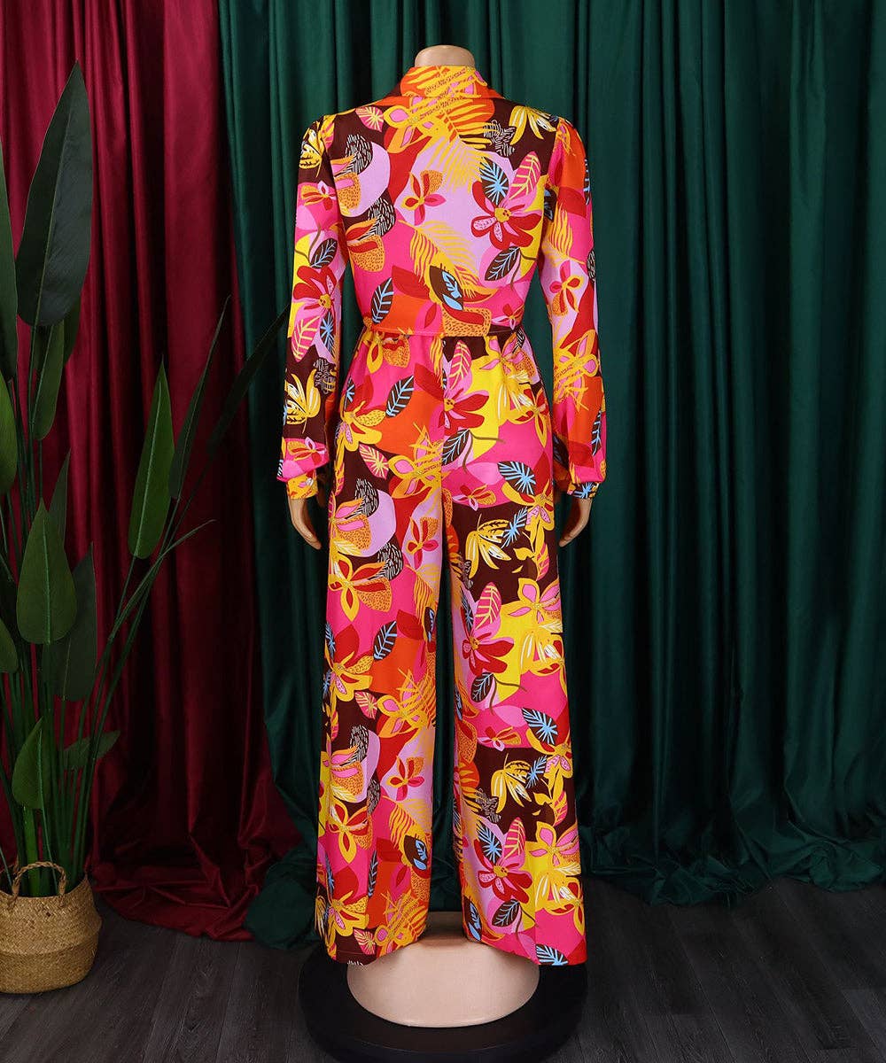 Vibrant Printed Two-Piece Lapel Lace-Up Shirt Wide-Leg Pant Suit