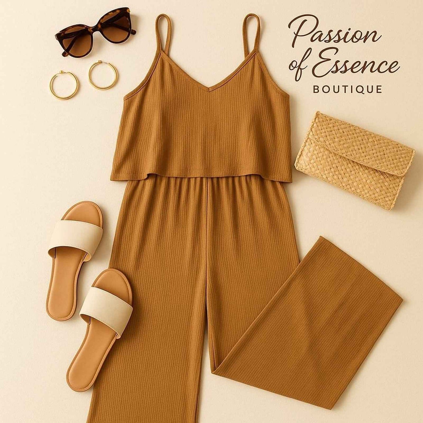 Plus Size Deep Camel Ribbed Wide-Leg Jumpsuit – Sleeveless & Relaxed Fit