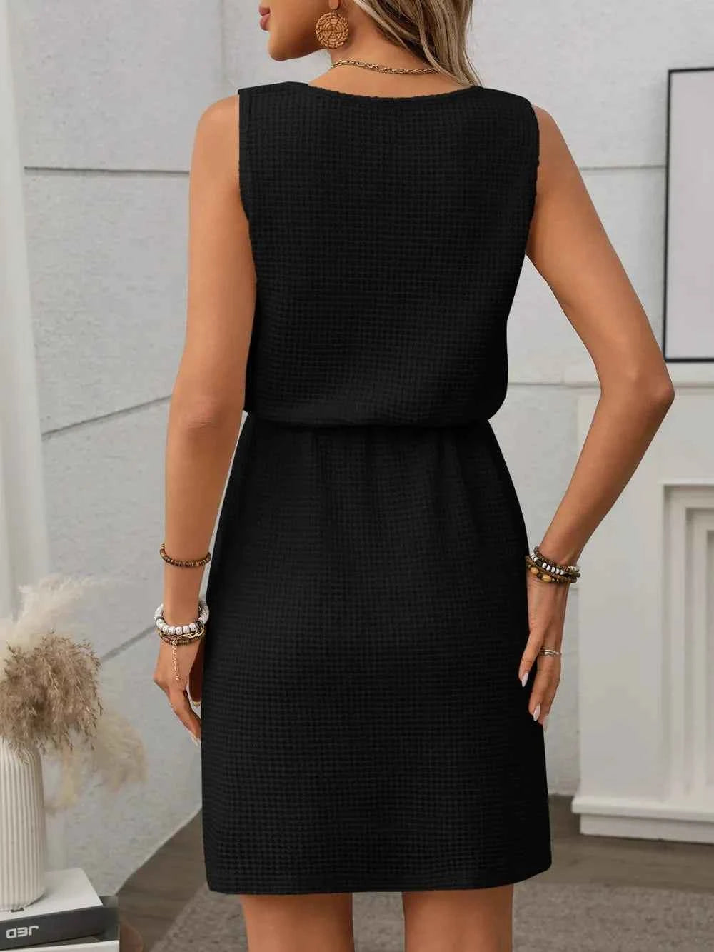 Waffle-Knit Drawstring Mini Tank Dress