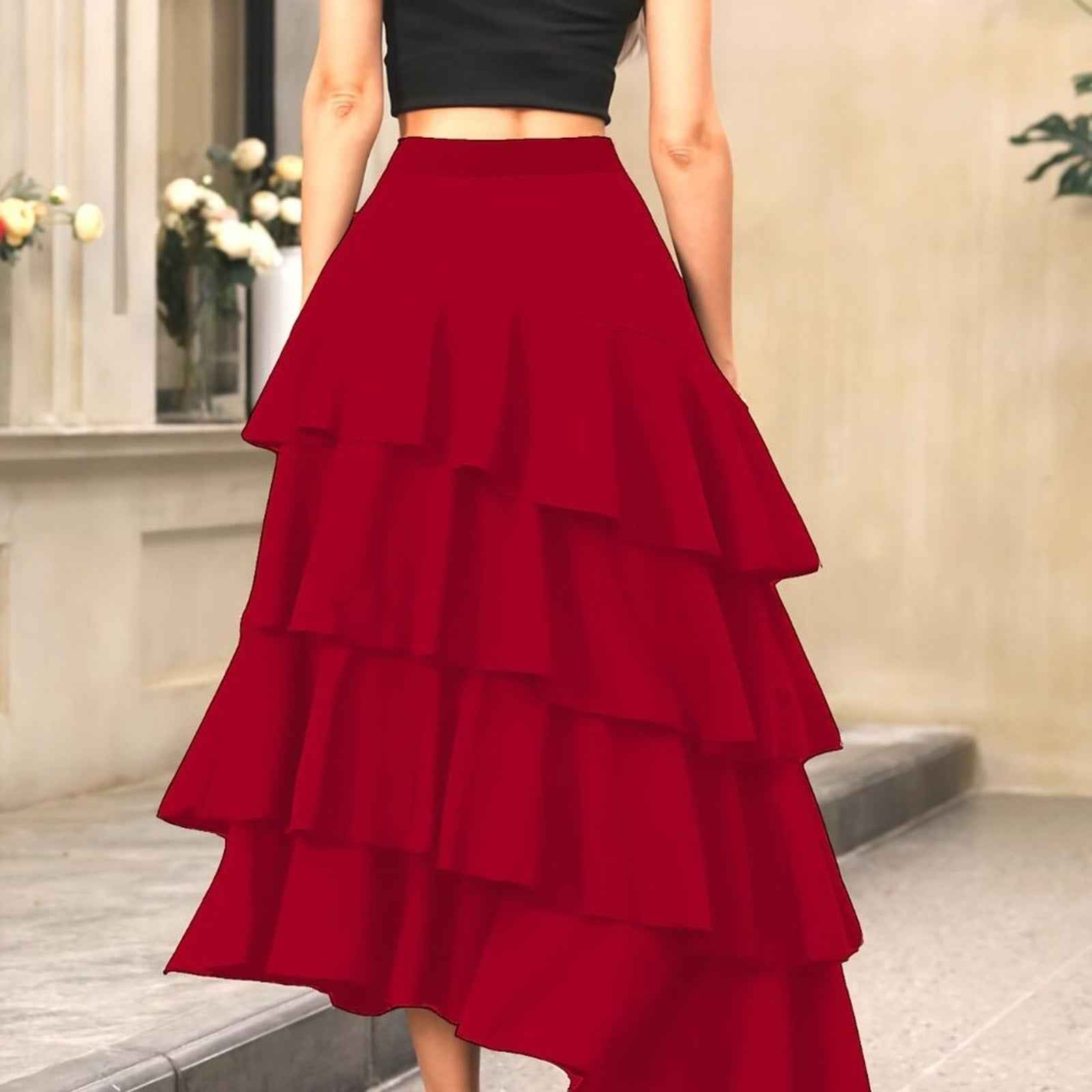 Elegant Ruffle Hem Tiered Skirt - High Waist Perfect for Womens Curvy Figure