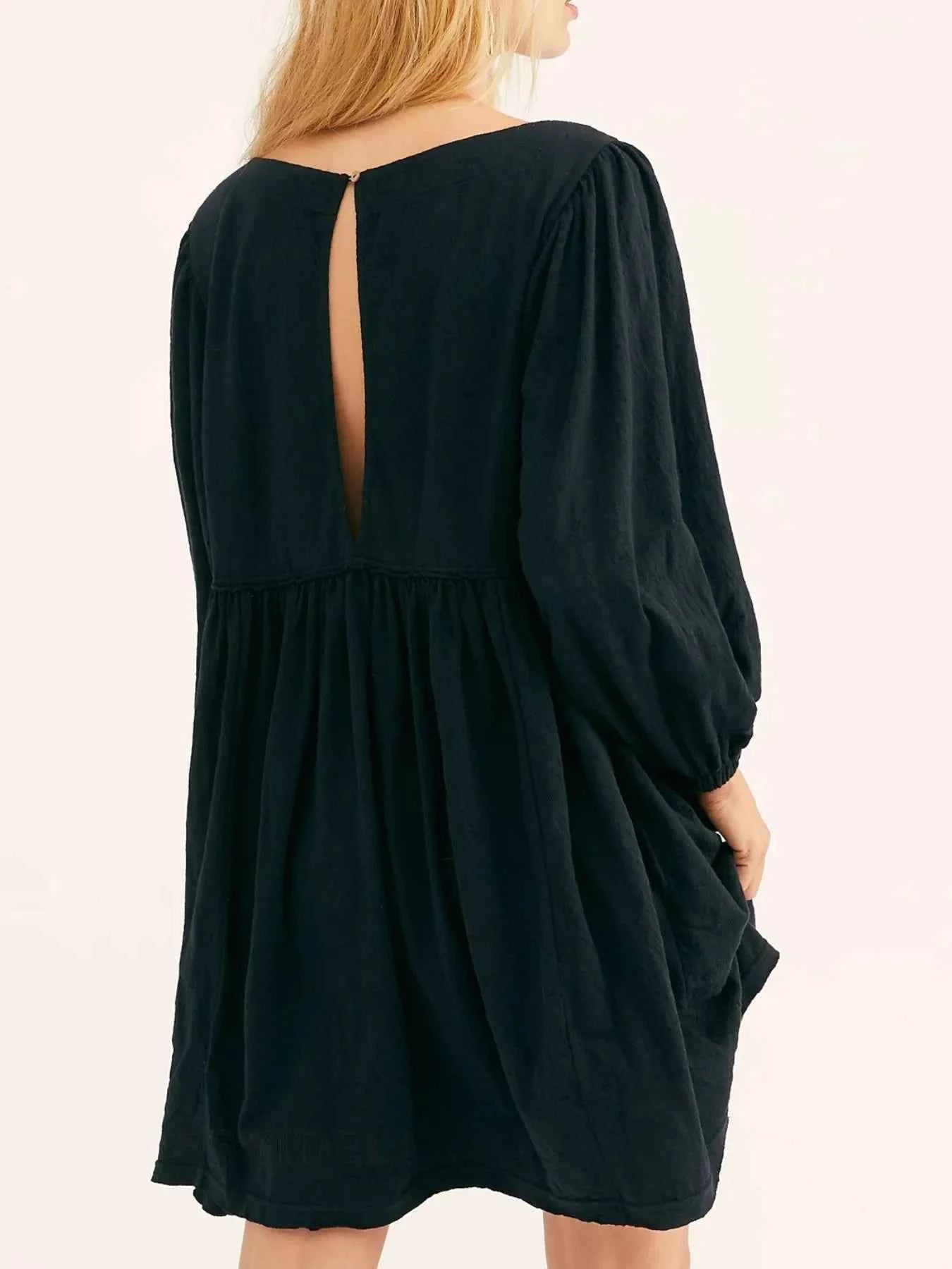 Relaxed Textured Babydoll Mini Dress with Back Keyhole Detail