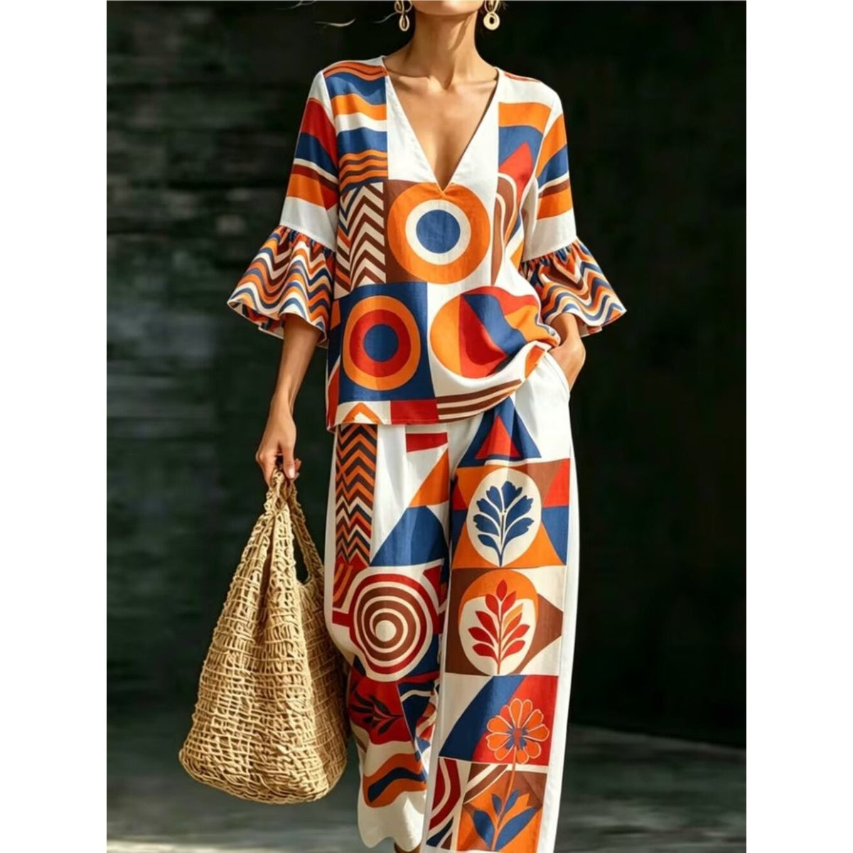 Retro Geo Floral Ruffle Sleeve Pants Set SβXXL