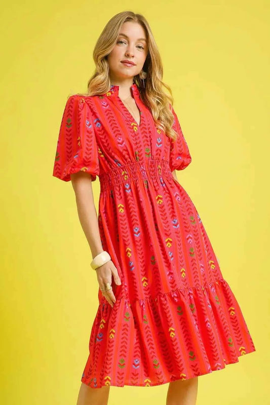 Umgee Printed Midi Dress with Ruffled Hem