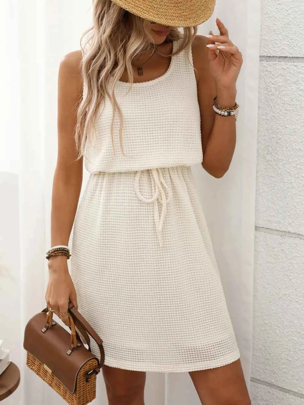 Waffle-Knit Drawstring Mini Tank Dress