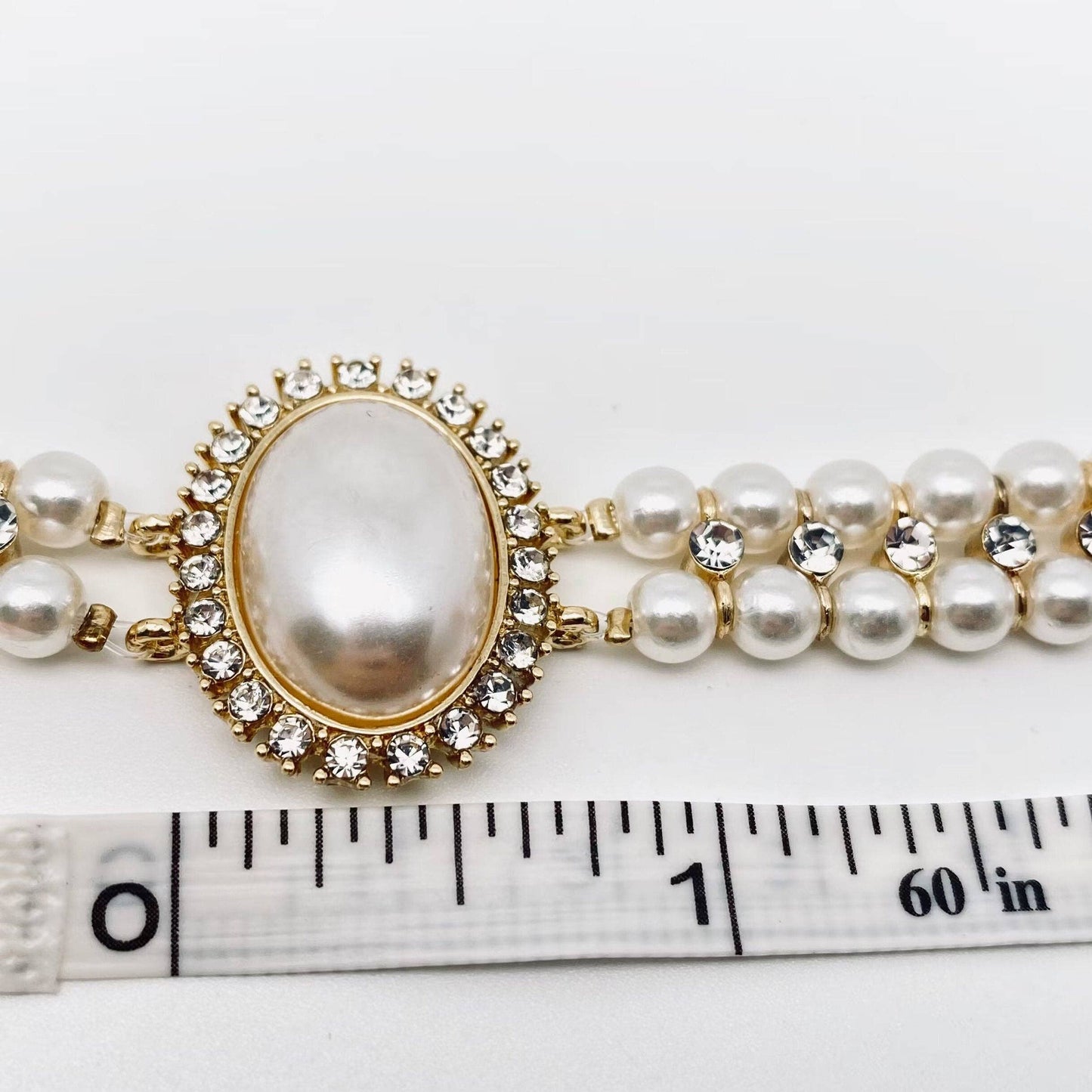 Oval Charm Double Layer Pearl Rhinestone Choker Necklace