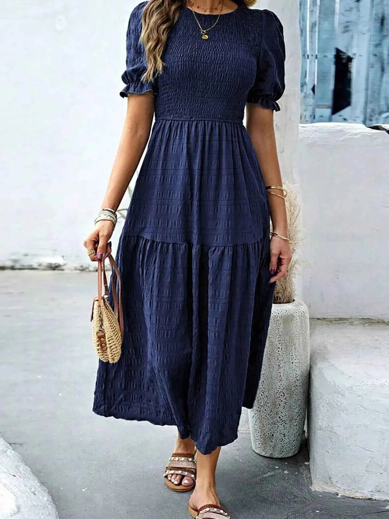 Smocked Short Sleeve Midi Dress