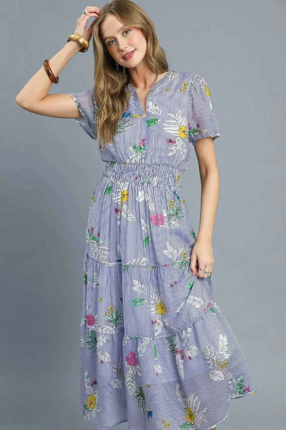 Umgee Smocked Waist Floral Short Sleeve Midi Dress