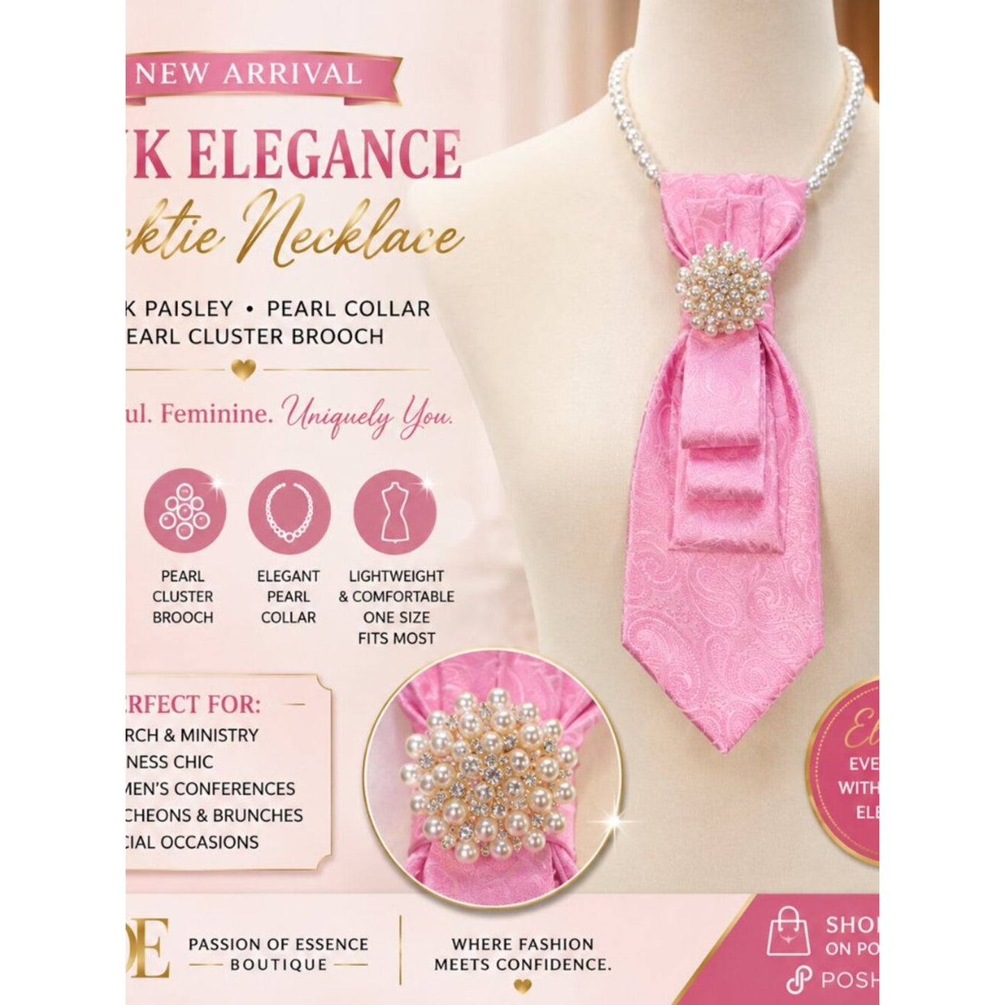 Pink Paisley Necktie Necklace with Pearl Collar & Crystal Pearl Brooch | Women's