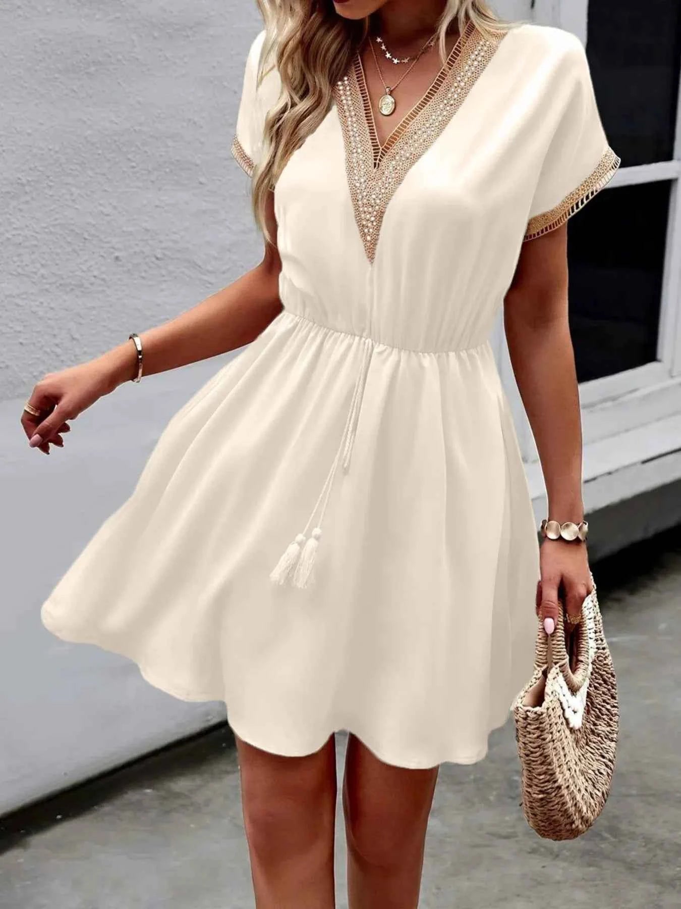 V-Neck Short Sleeve Mini Dress