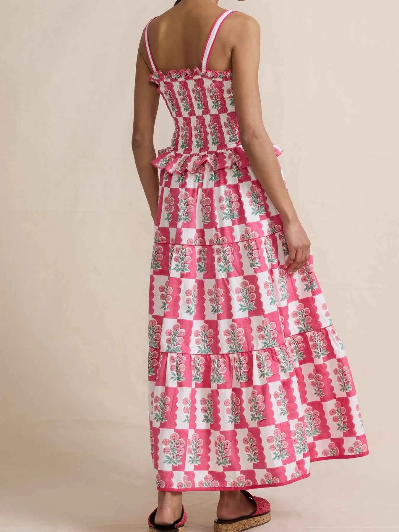 Smocked Ruffled Square Neck Maxi Dress