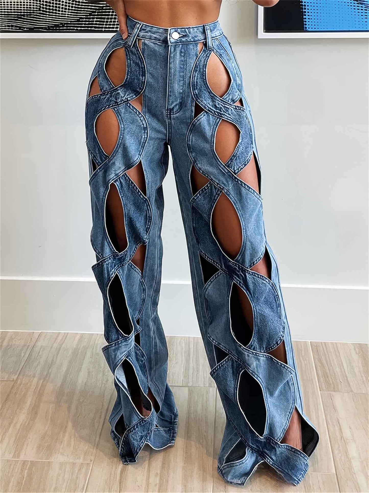 High-Waisted Distressed Denim Jeans - Sexy Hollow-Out Design