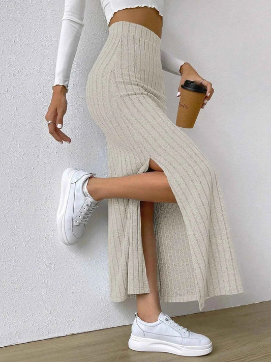 High Waist Ribbed Knit Maxi Skirt
