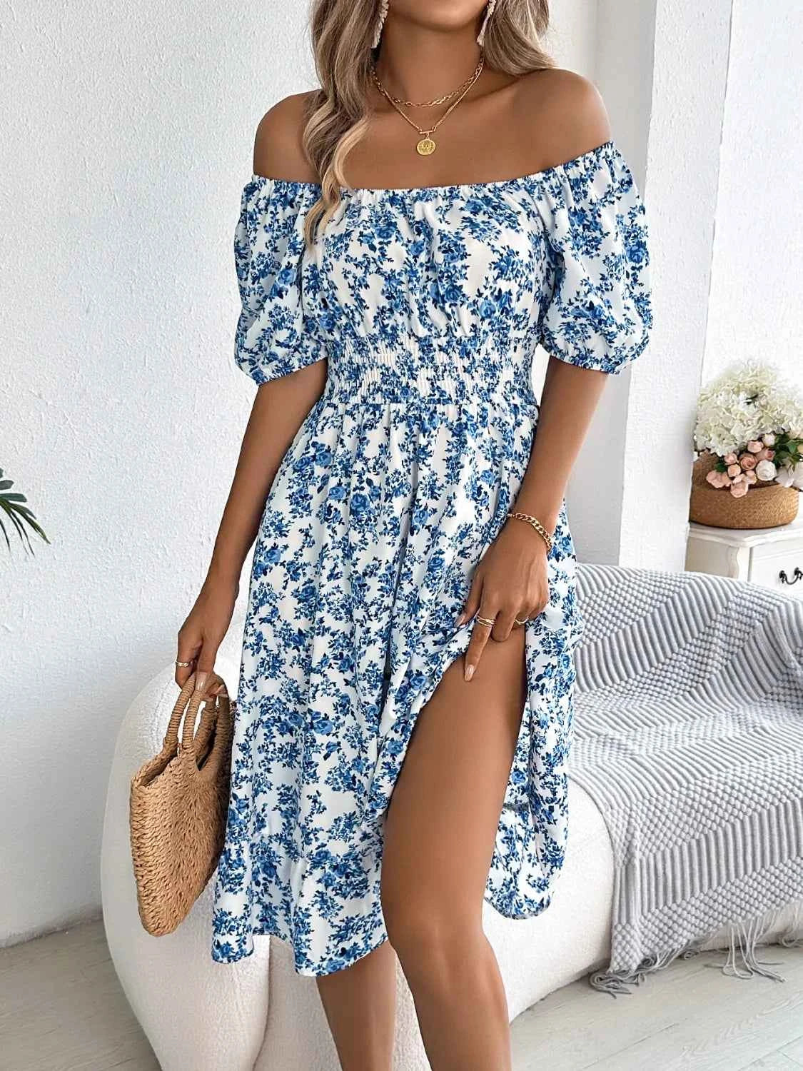 Ruffled Hem Floral Puff Sleeve Dress