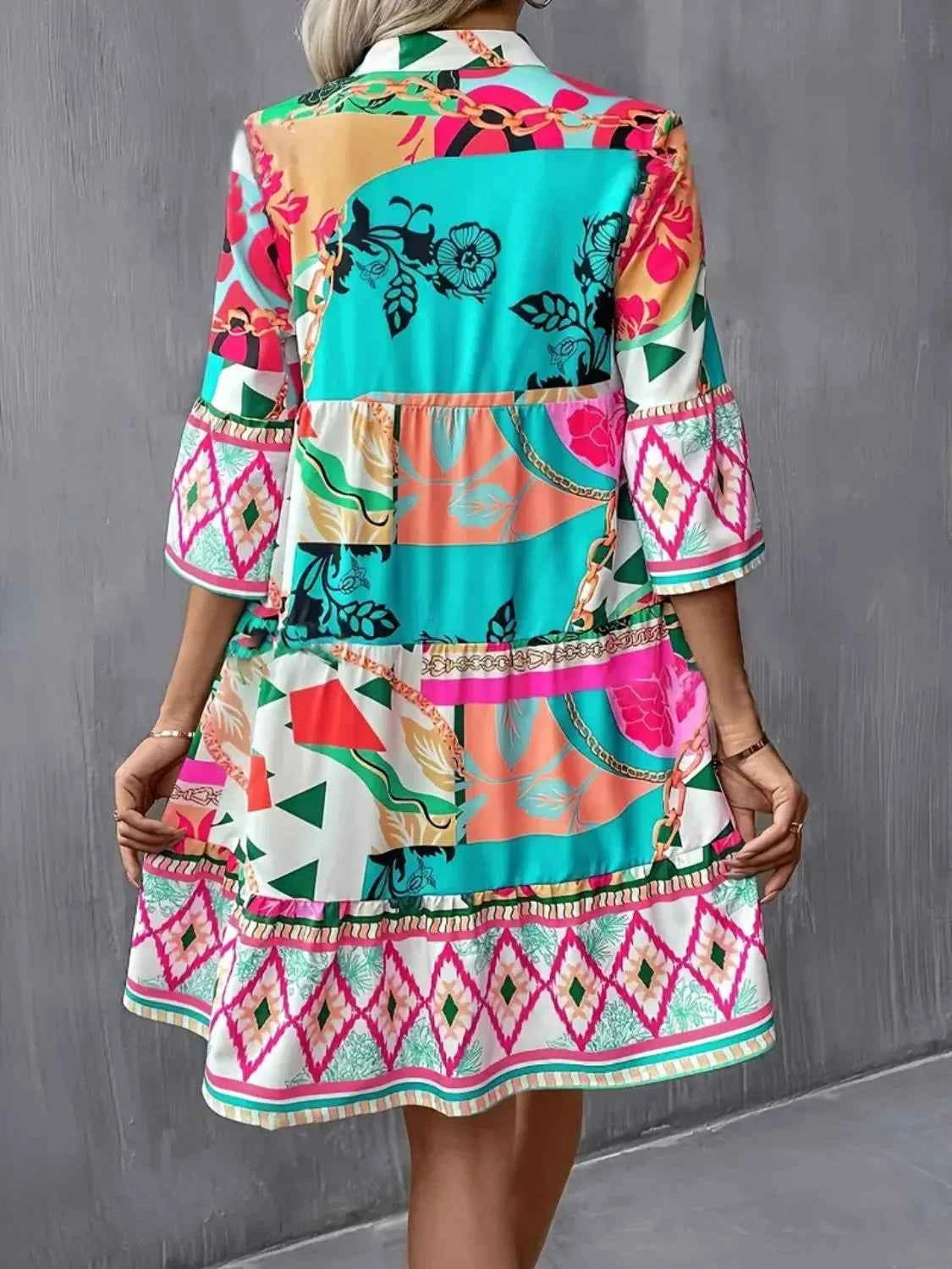 Printed Notched 3/4 Sleeve Tiered Dress