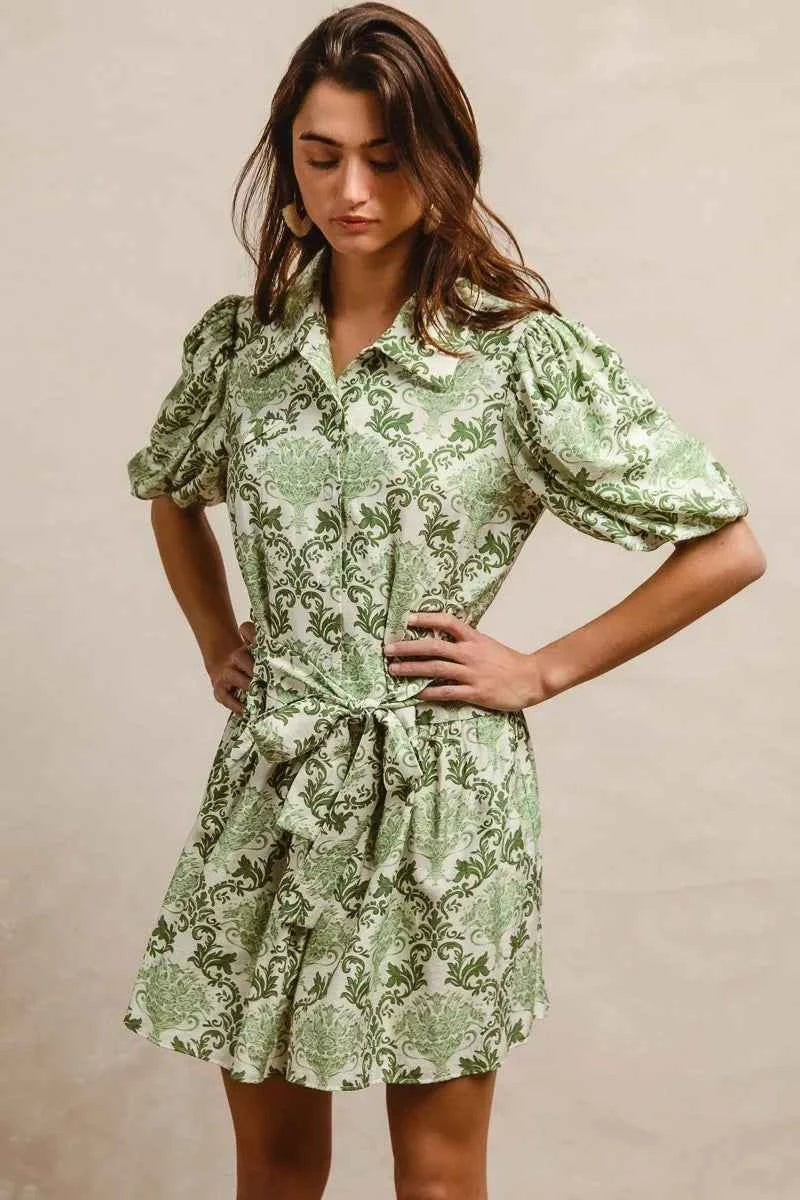 BiBi Tied Floral Short Sleeve Mini Shirt Dress