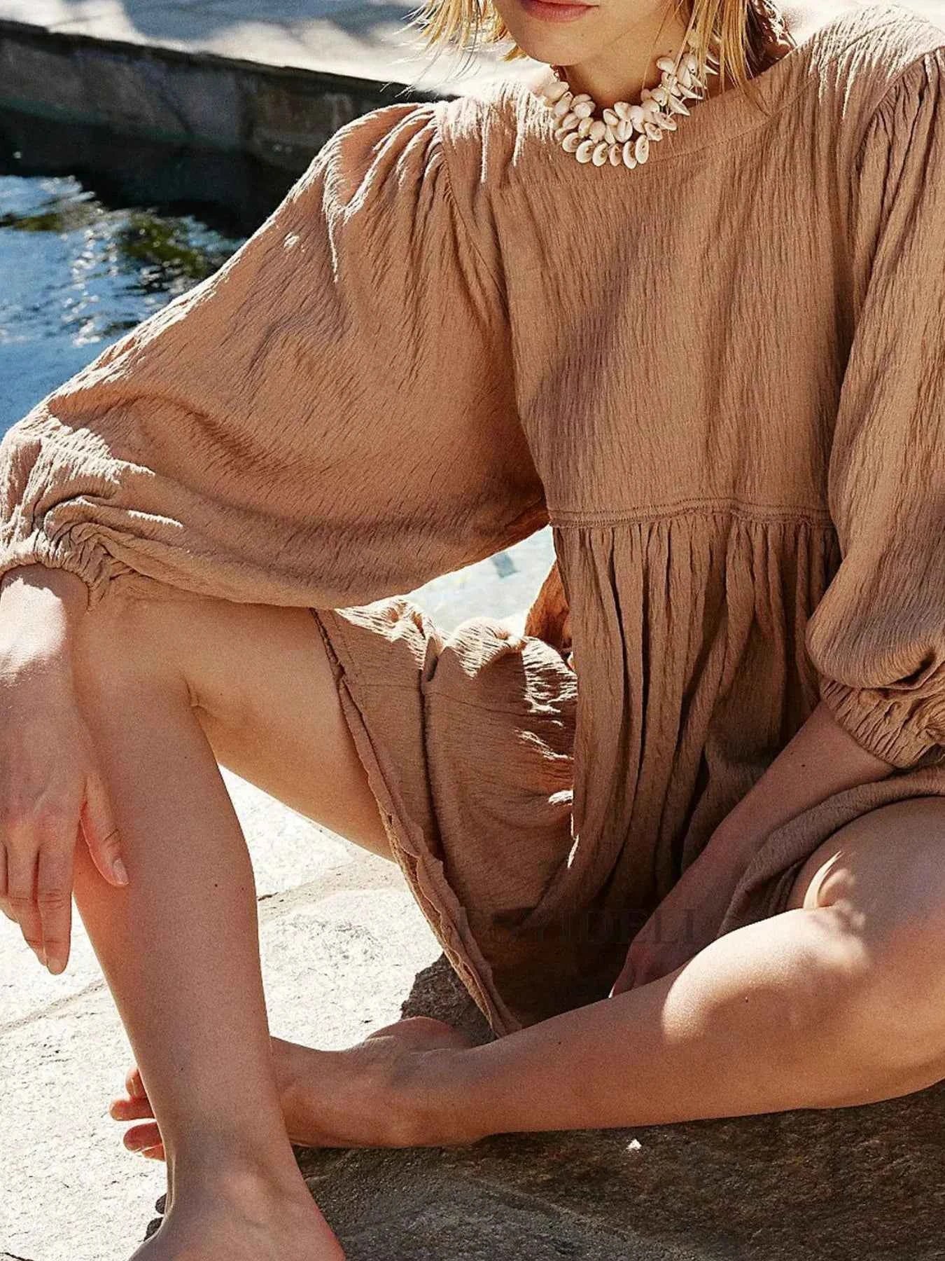 Relaxed Textured Babydoll Mini Dress with Back Keyhole Detail