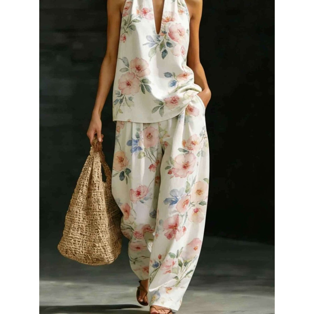 Floral Halter Top & Wide-Leg Pants Set
