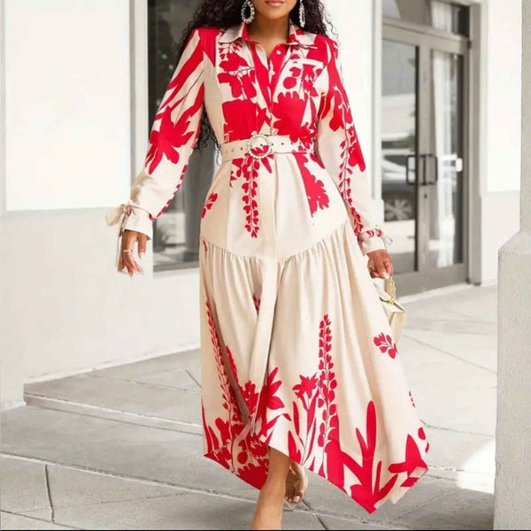 Elegant Red Floral High-Low Midi Dress – Long Sleeve, Button-Up, Garden Party