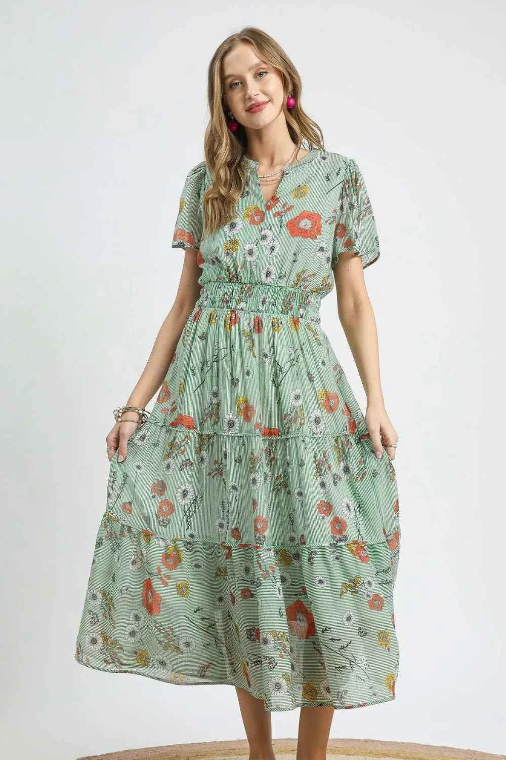 Umgee Smocked Waist Floral Short Sleeve Midi Dress