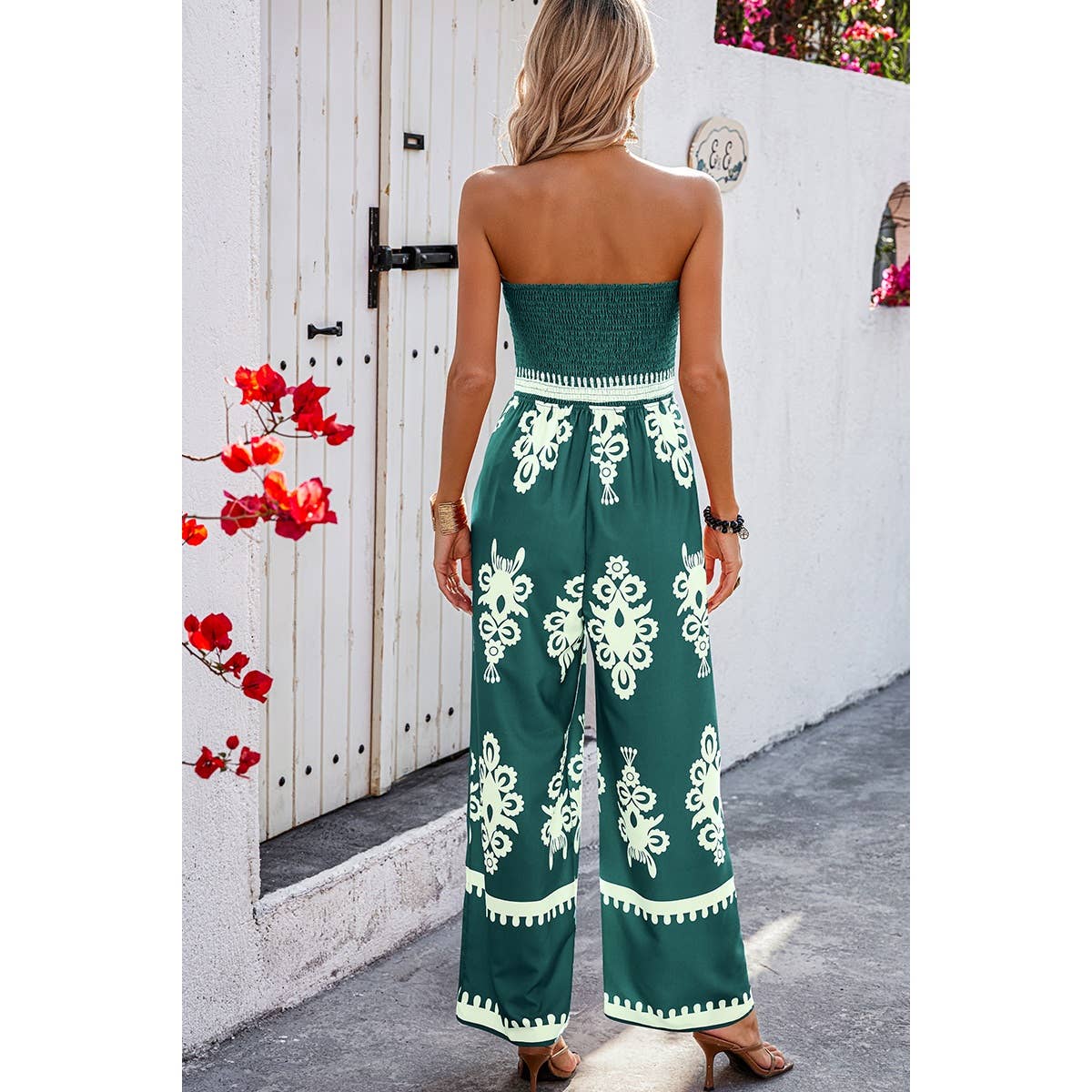 Off Shoulder Ruched Printed High Waist Jumpsuit