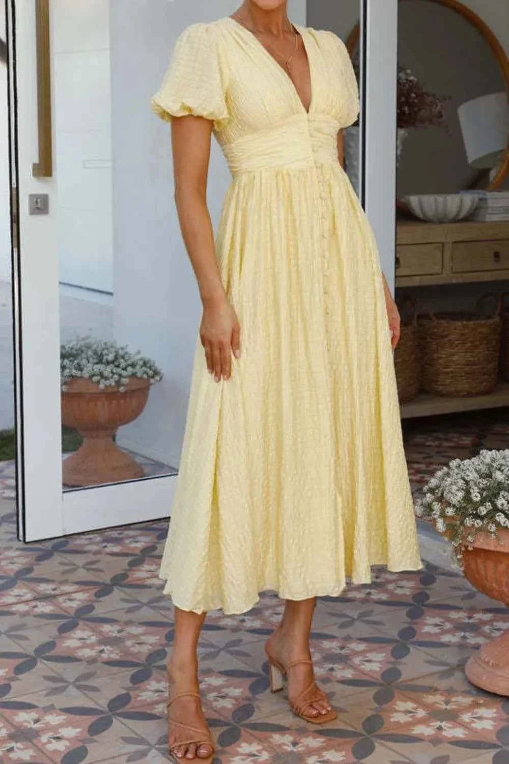 V-Neck Puff Short Sleeve Midi Dress