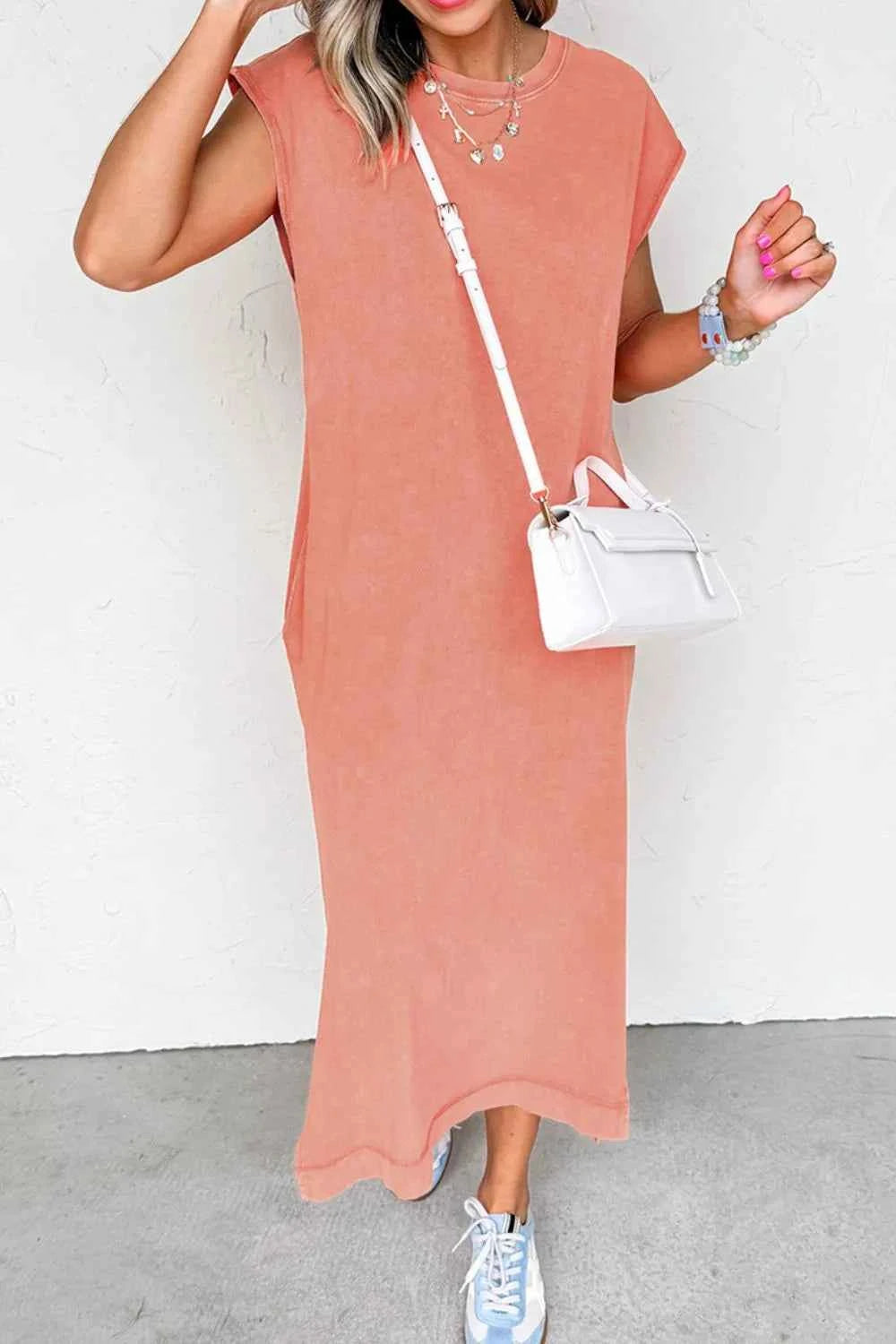 Side Split Round Neck Cap Sleeve T-Shirt Dress