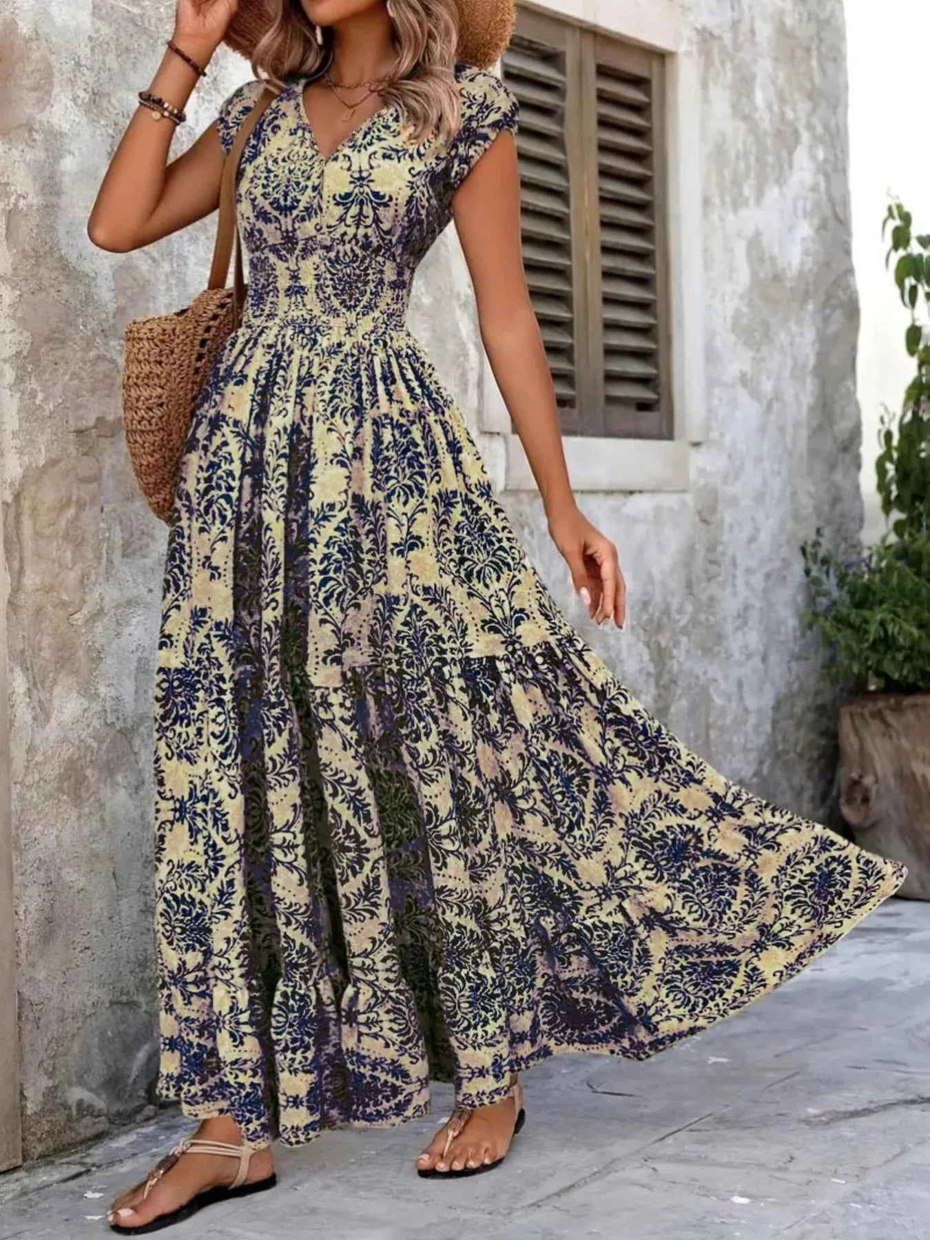 Printed V-Neck Cap Sleeve Maxi Dress