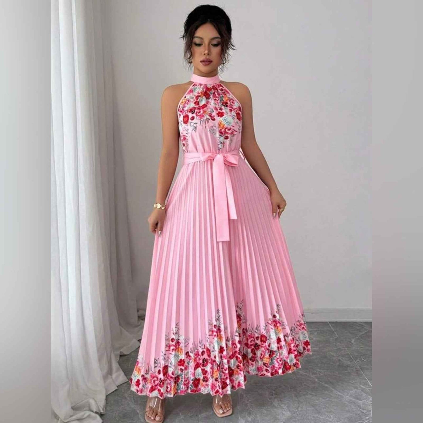 Blush Pink Pleated Floral Halter Dress | Wedding Guest Party Maxi Dress