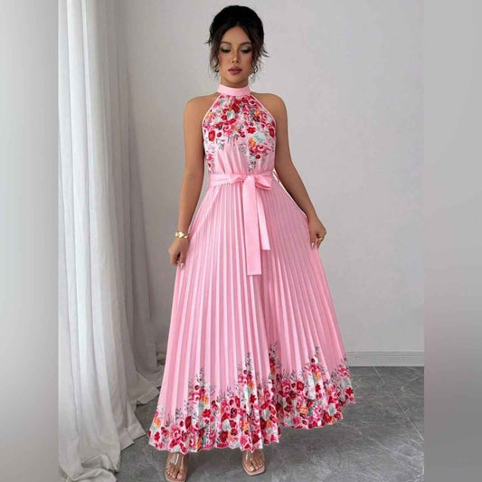 Blush Pink Pleated Floral Halter Dress | Wedding Guest Party Maxi Dress