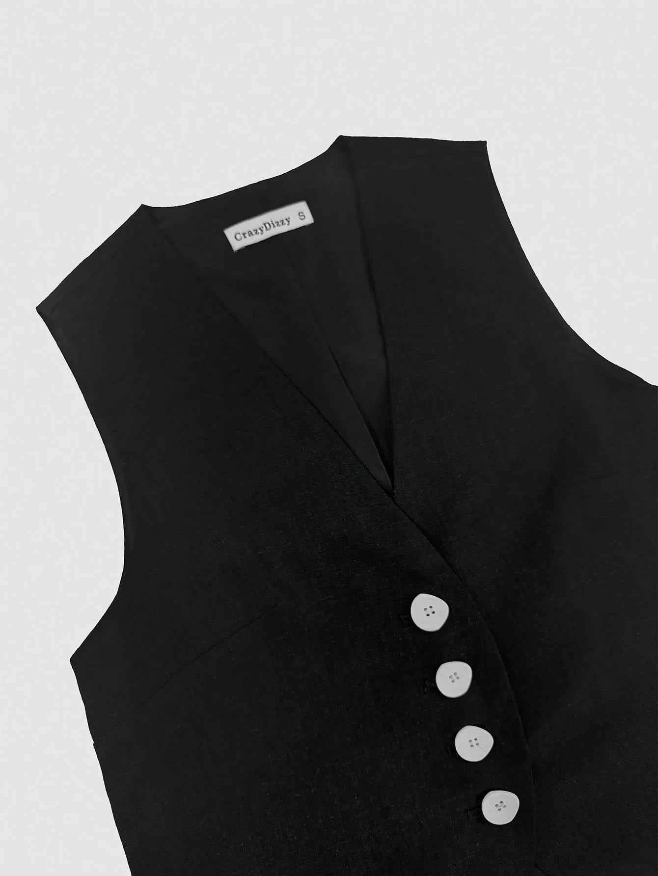 V-Neck Button Detail Vest and Skirt Two-Piece Set