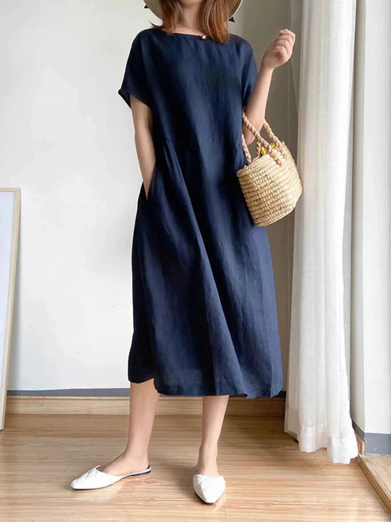 Full Size Casual Round Neck Midi Dress Plus Size