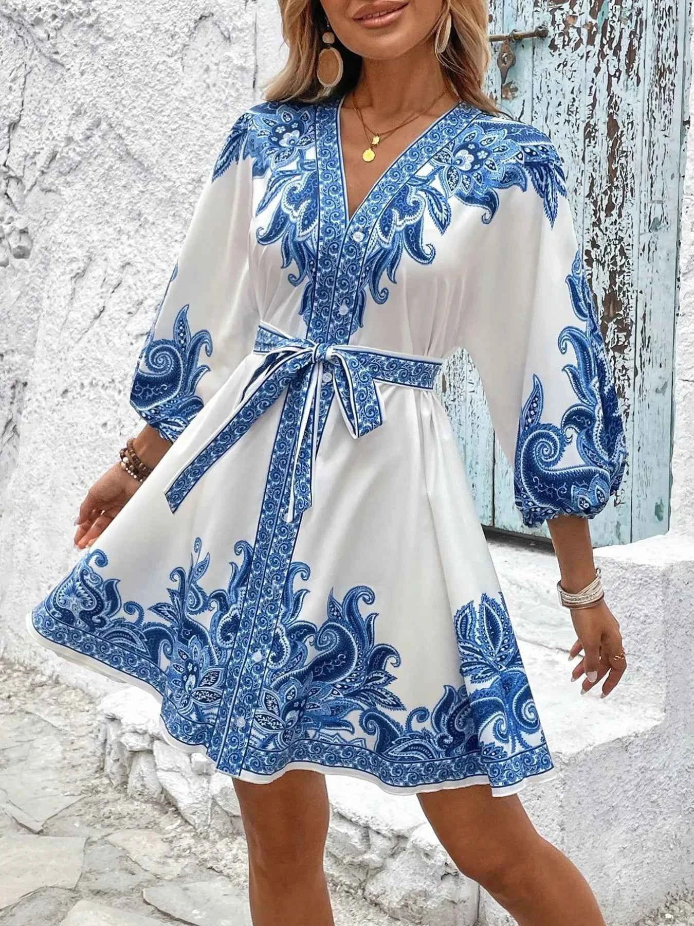Printed V-Neck Balloon Sleeve Mini Dress