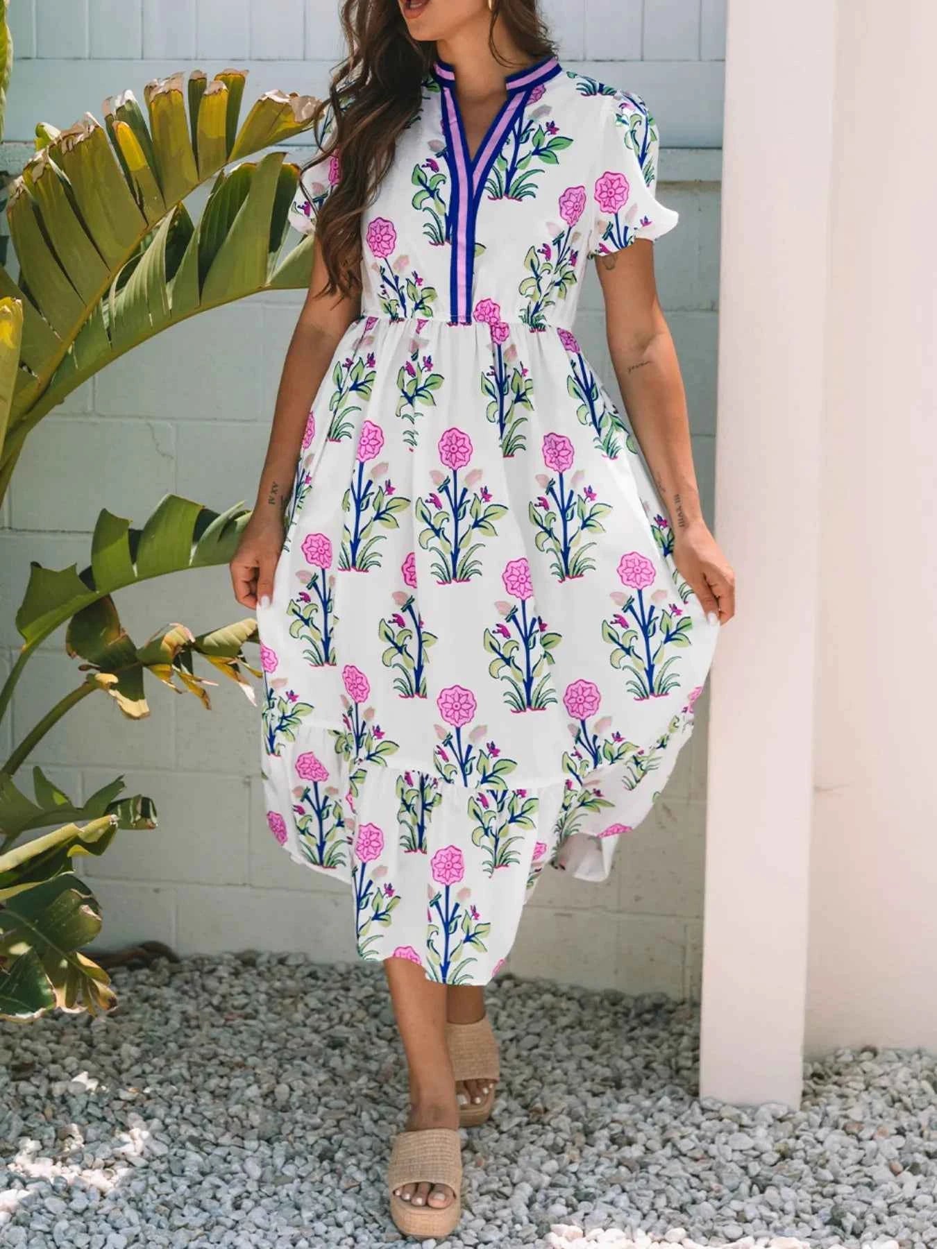 Printed Short Sleeve Midi Dress with Pockets