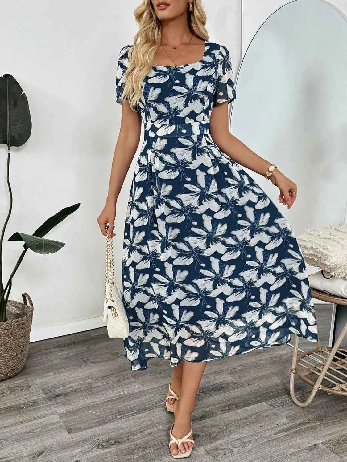 Printed Square Neck Midi Dress