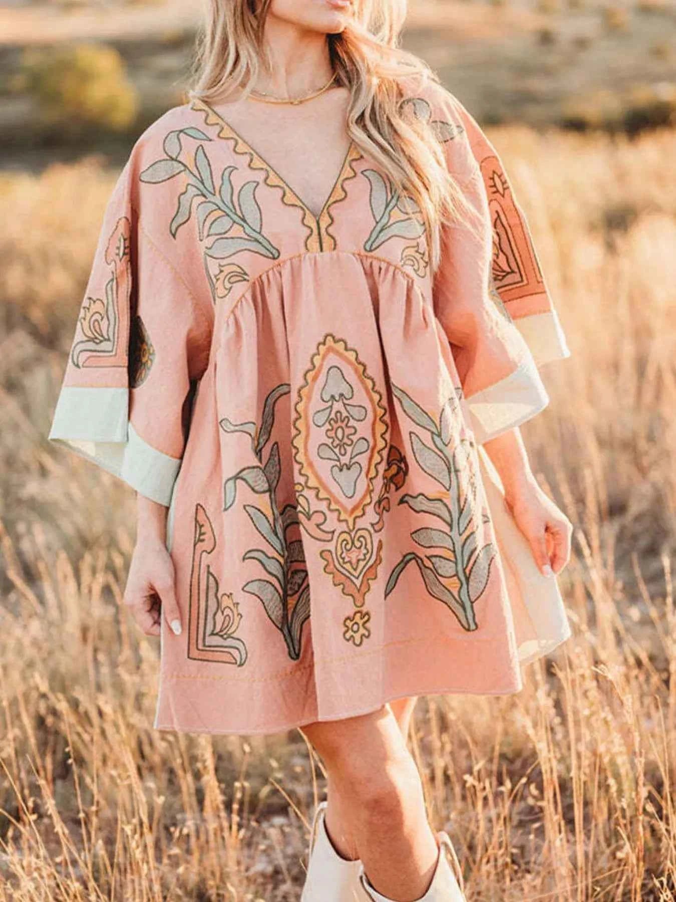 Printed V-Neck Kimono Sleeve Mini Dress