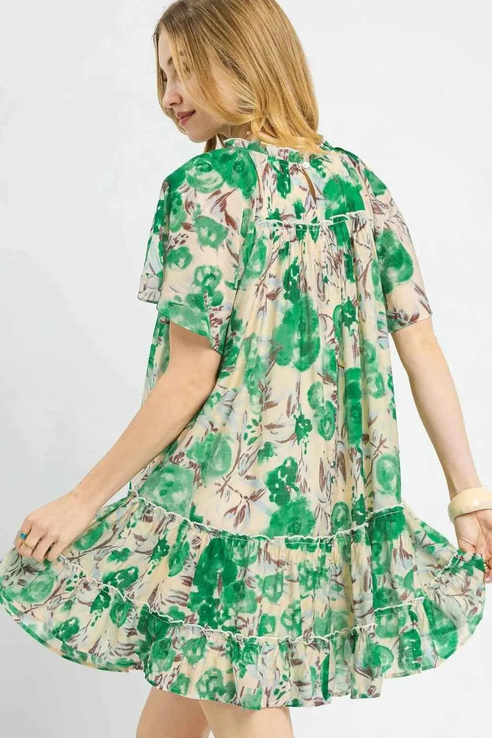 Umgee Printed Ruffle Hem Tiered Short Sleeve Dress
