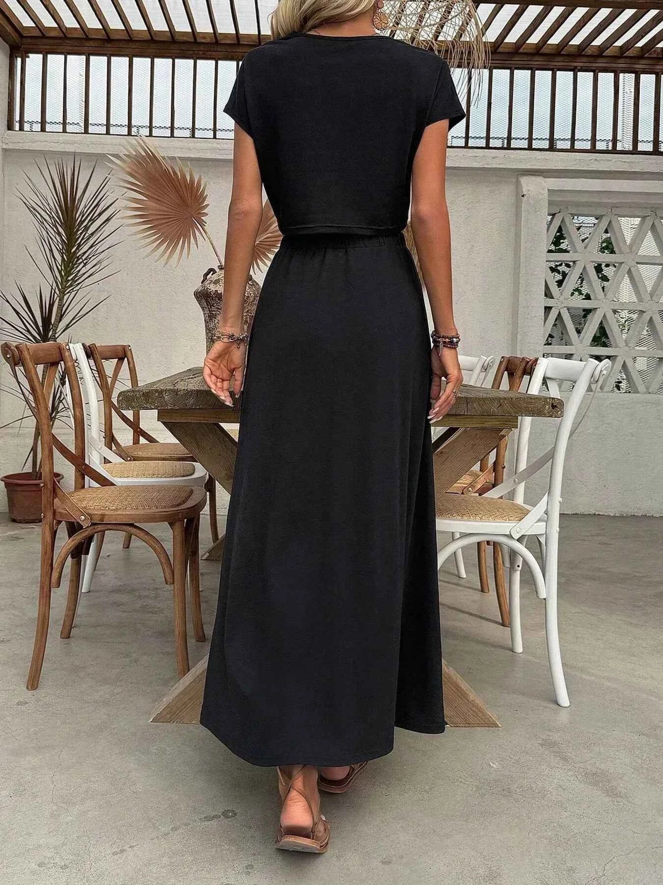 Round Neck Top and Slit Skirt Set