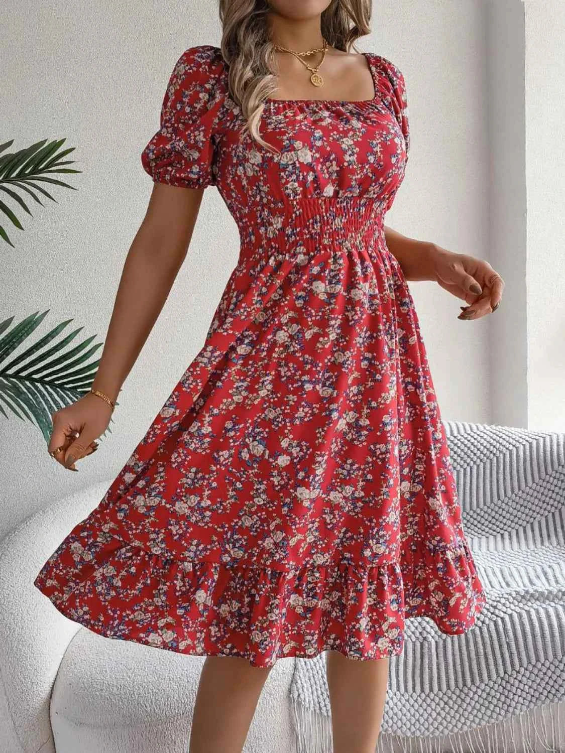 Ruffled Hem Floral Puff Sleeve Dress
