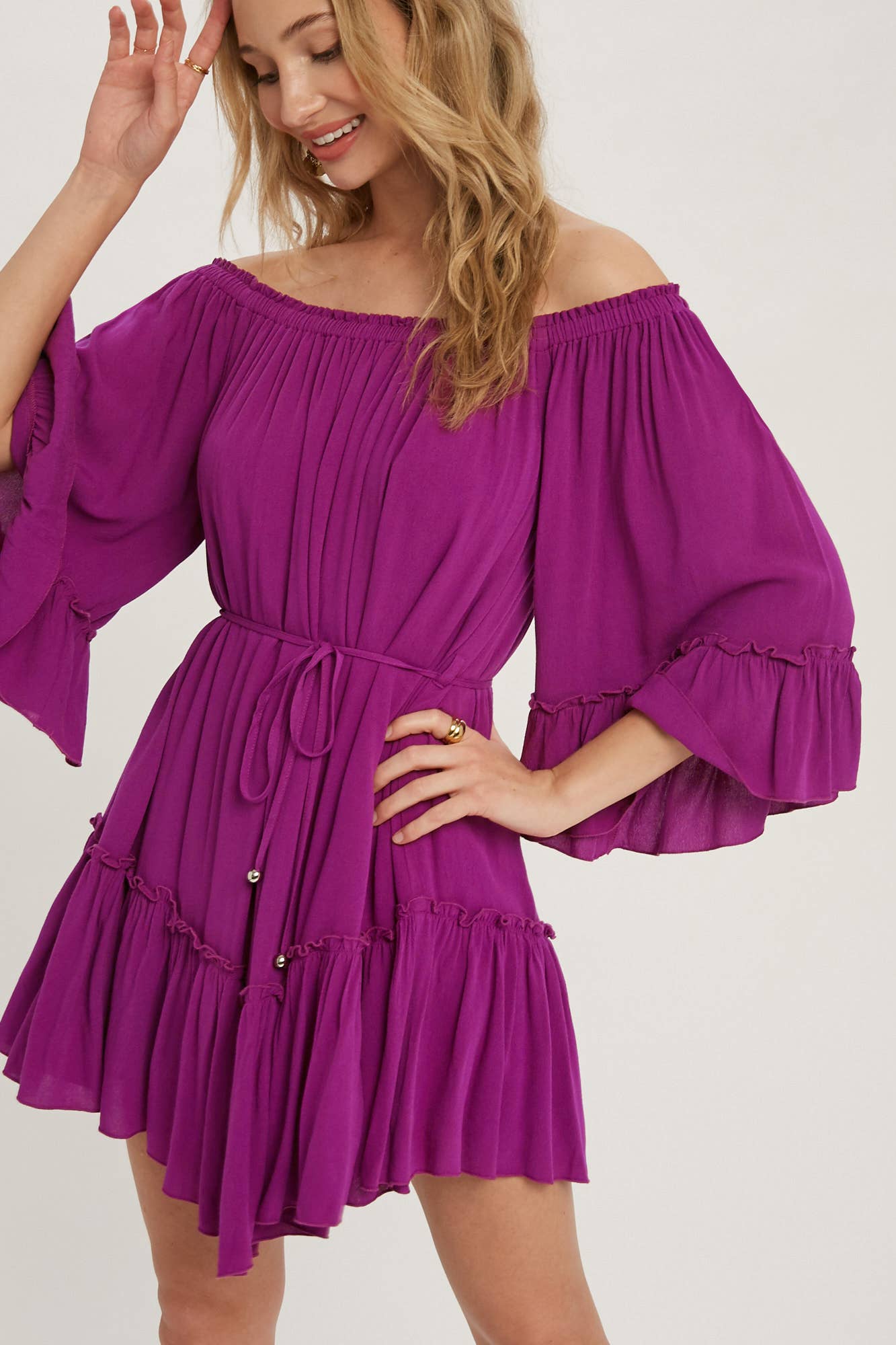 RUFFLED SOLID BOHO DRESS