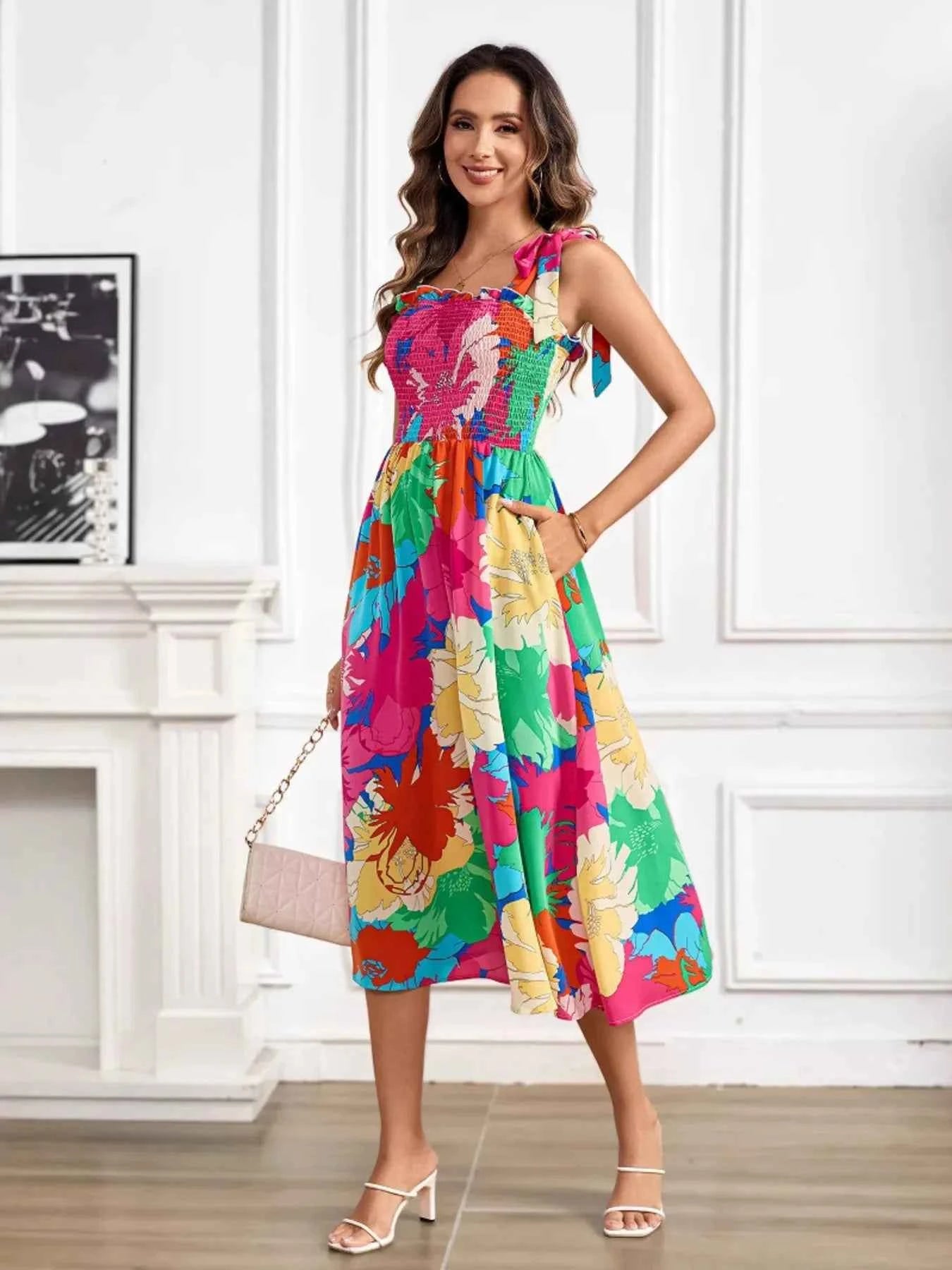 Smocked Printed Tie Shoulder Midi Dress