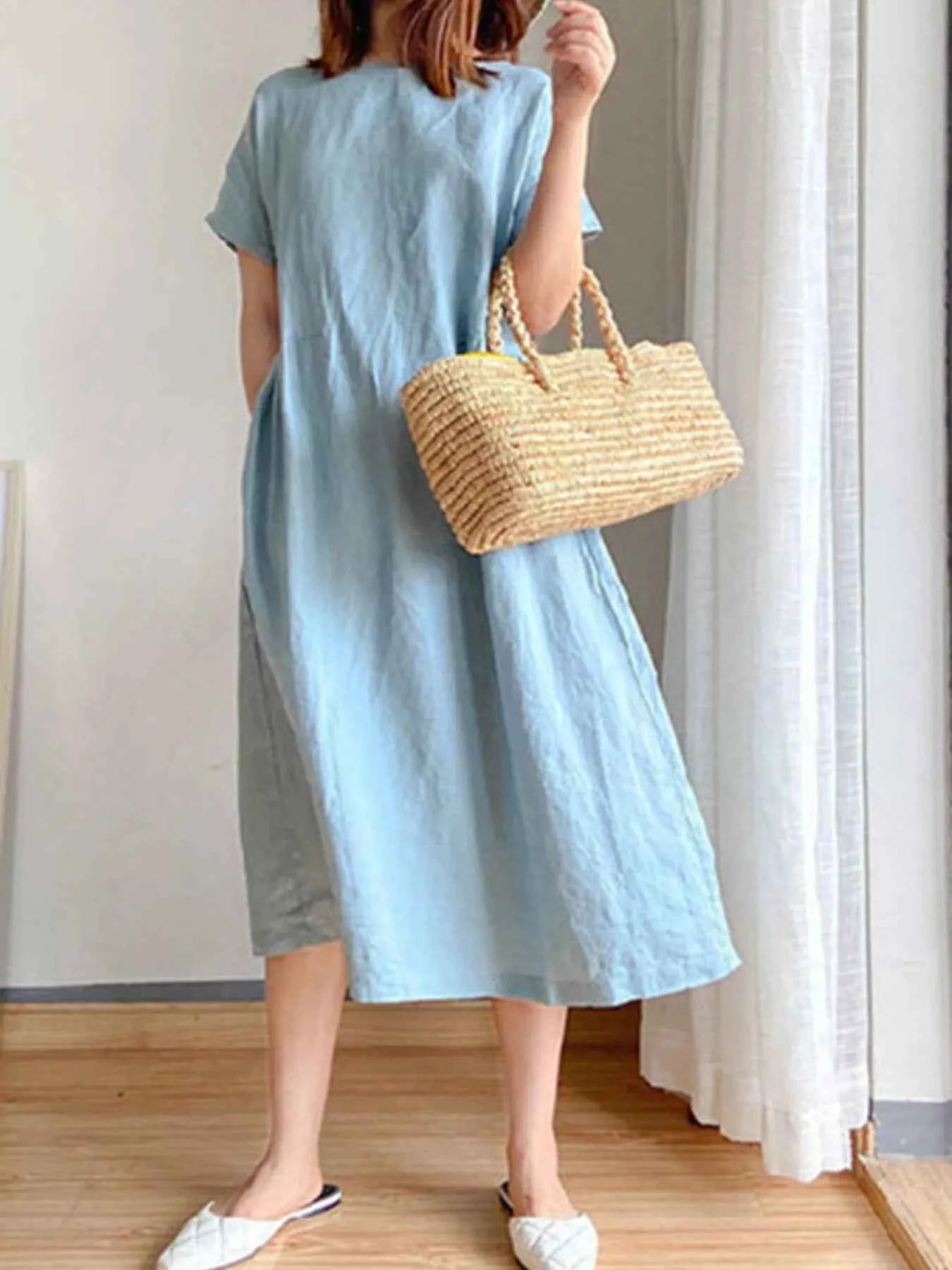Full Size Casual Round Neck Midi Dress Plus Size