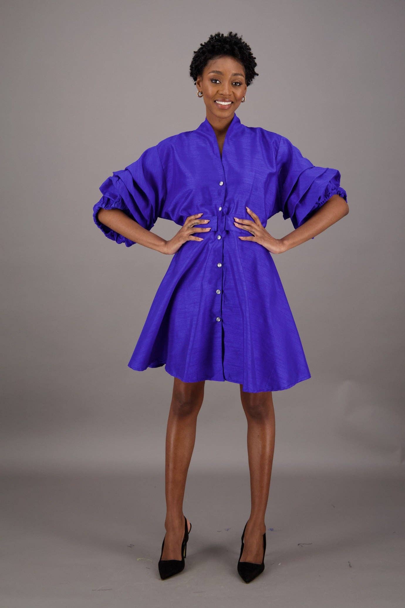 Black Satin Button-Up Flare Shirt Dress – Luxe Minimalist Elegance