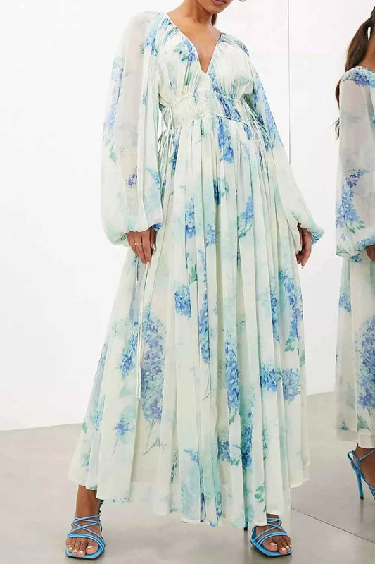 Floral Print Bohemian Maxi Dress with Balloon Sleeves