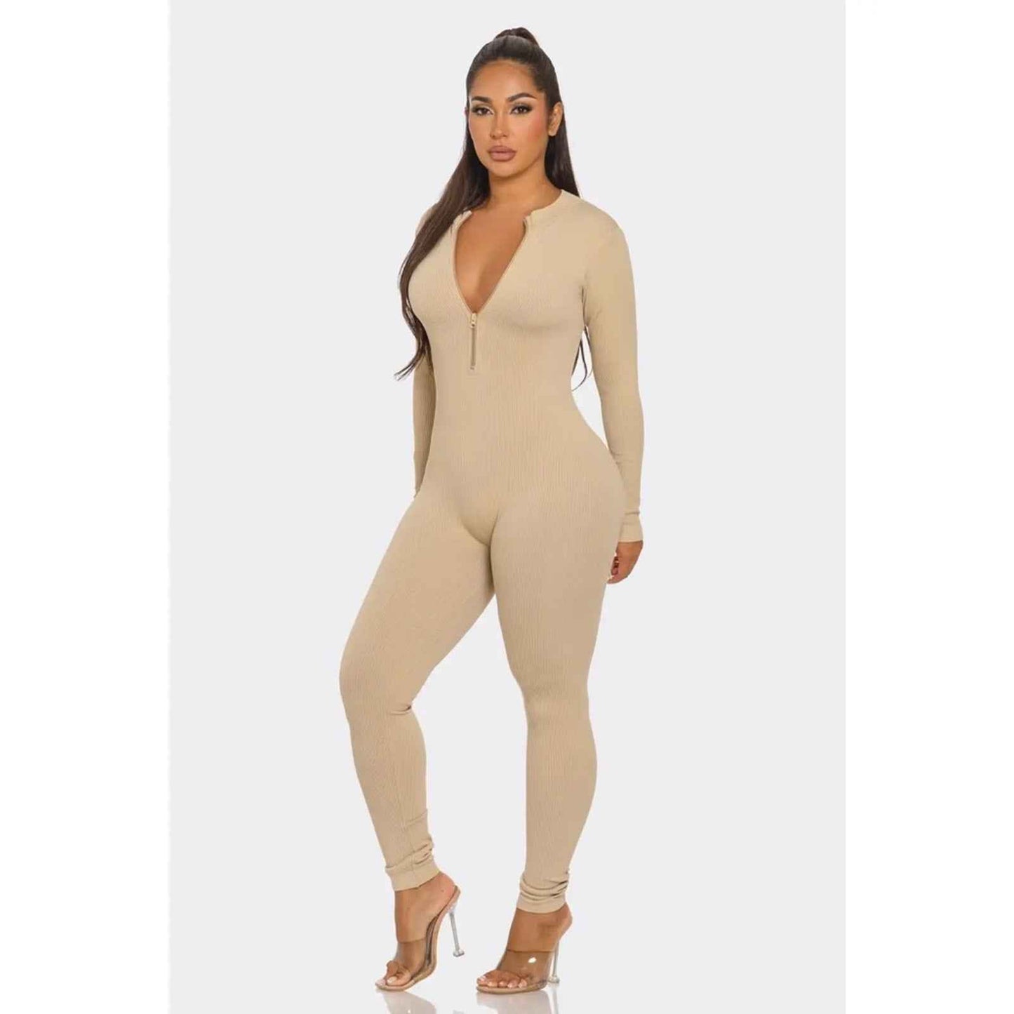 Ribbed Half Zip Long Sleeve Bodycon Jumpsuit