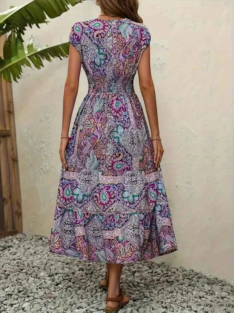 Plus Size Printed V-Neck Short Sleeve Midi Dress