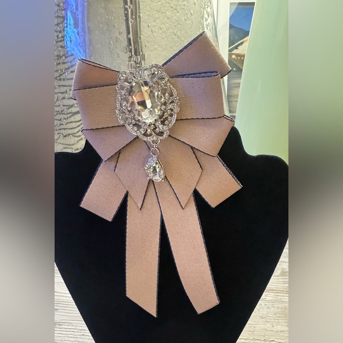 Apricot Rhinestone Bow Tie Brooch Elegant Ribbon Statement Collar Accessory