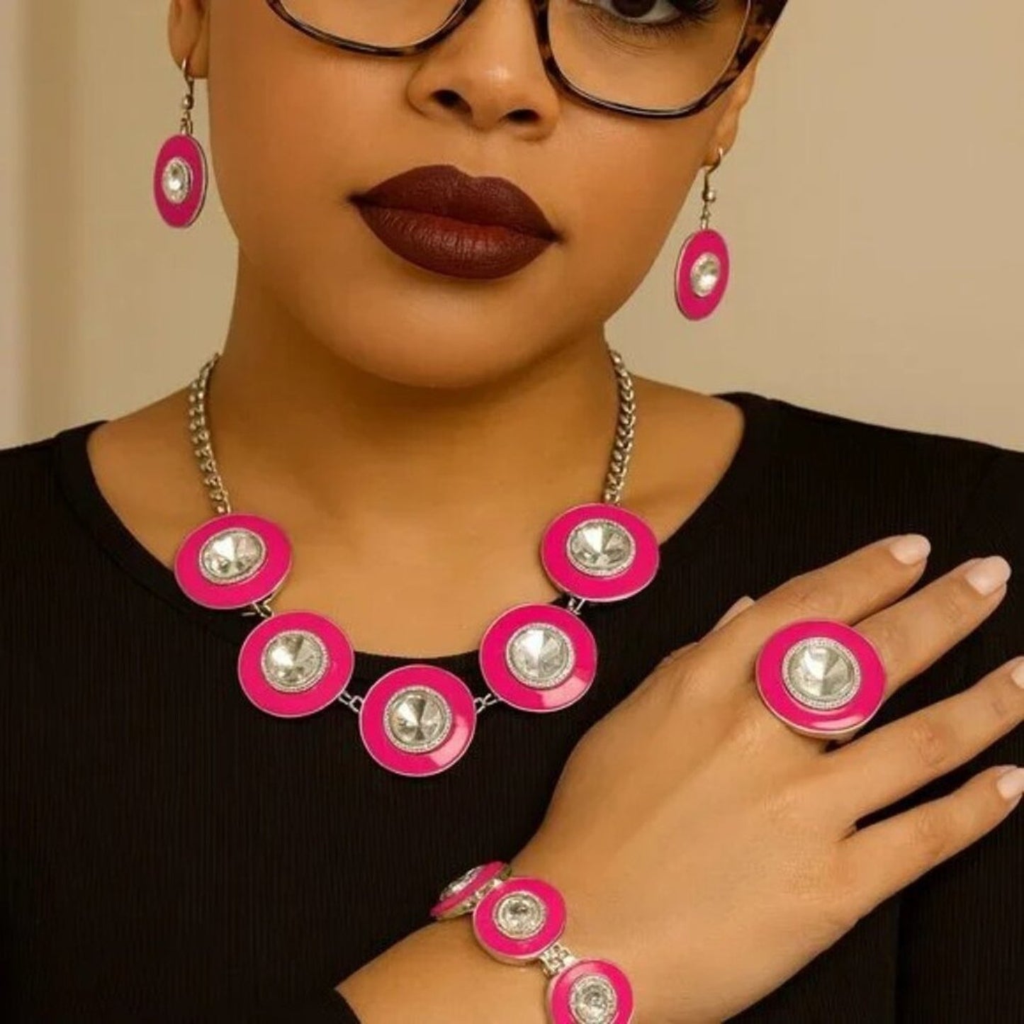 Hot Pink & Silver Rhinestone Jewelry Set – Necklace, Earrings, Bracelet & Ring