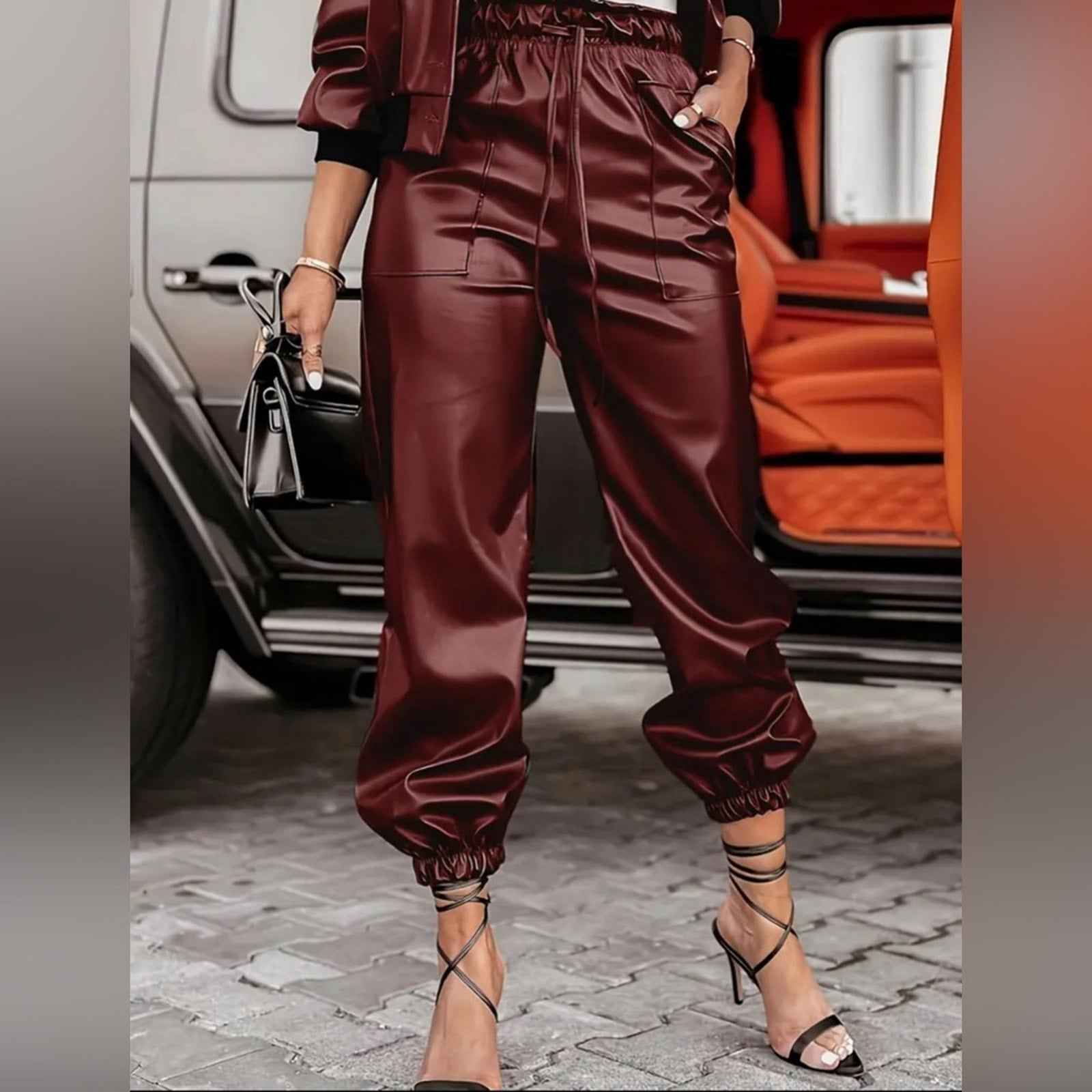 Women's Casual Suit with Pocket Design Workwear Style PUPU Leather Jacket Set